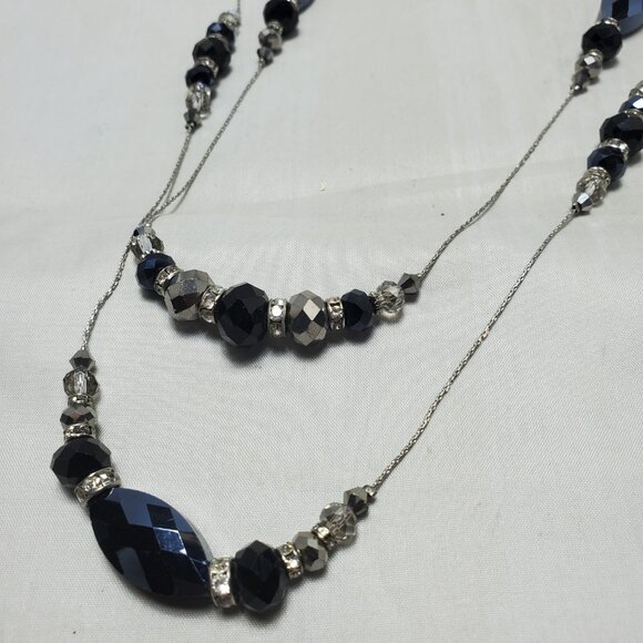 Ali Khan 2 row illusion rope necklace with faceted black glass beads and crystal - Picture 7 of 8